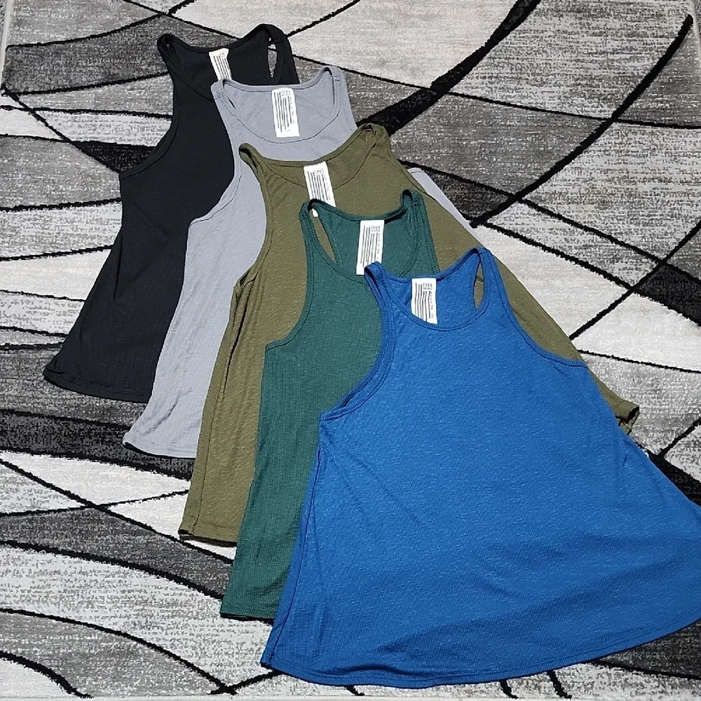 FREE PEOPLE SET-OF-5 RACERBACK RIBBED RELAXED FIT TANK-TOPS LARGE PRICE FIRM - Picture 1 of 12